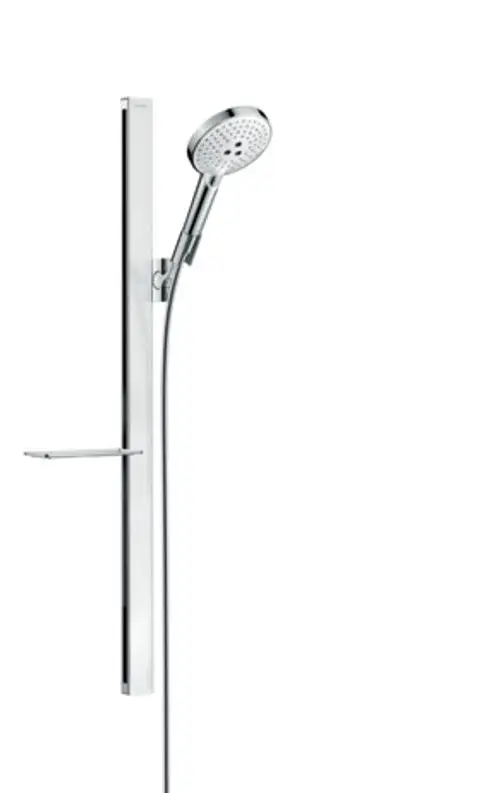 Hansgrohe Brauseset mit runder Handbrause, montiert an einer vertikalen Stange, und Ablage, in Weiß und Chrom. Minimalistisches Design, geeignet für moderne Badezimmer.